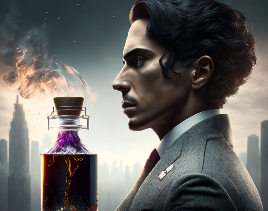 Man in Stylized Portrait with Cityscape Background and Surreal Potion Bottle Head