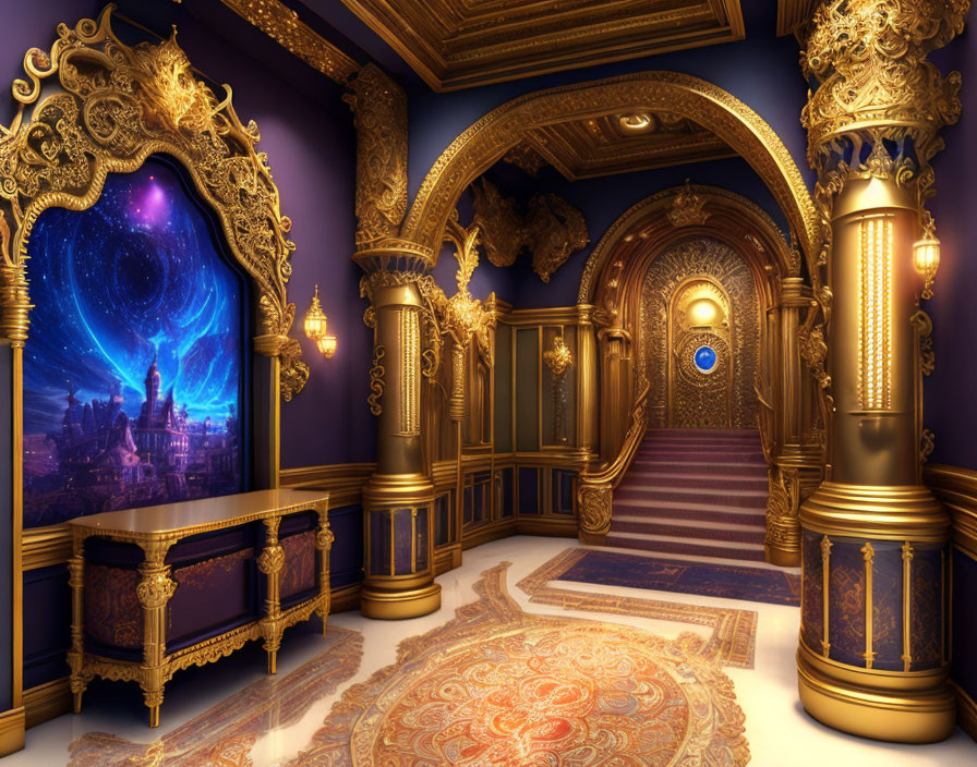 Luxurious Room with Golden Details, Star-Filled Mirror, Purple Walls, and Grand Staircase