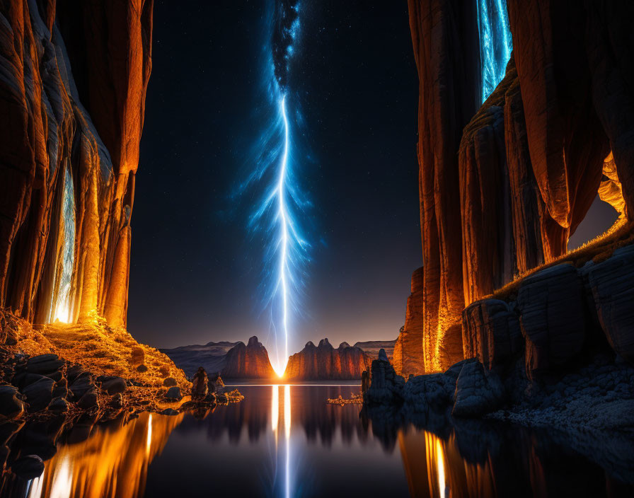 Stunning Milky Way Galaxy Over Towering Cliffs and Water Surface