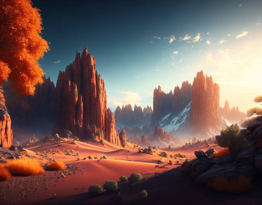 Majestic desert landscape with red rock formations and snow patches
