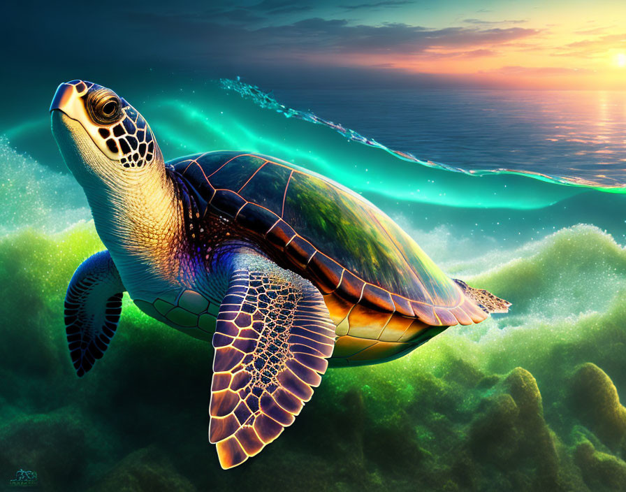 Colorful sea turtle swimming in vibrant coral reef at sunset