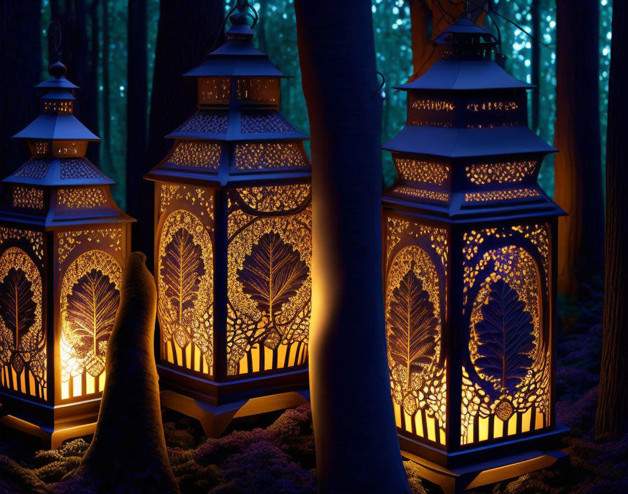 Ornate lanterns with tree patterns illuminate mystical blue forest at twilight