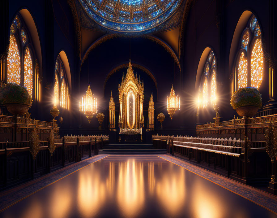 Ornate illuminated interior with arched windows and glowing altar