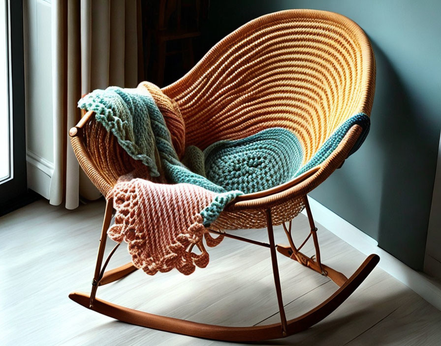 Woven papasan rocking chair with blankets in warm sunlight