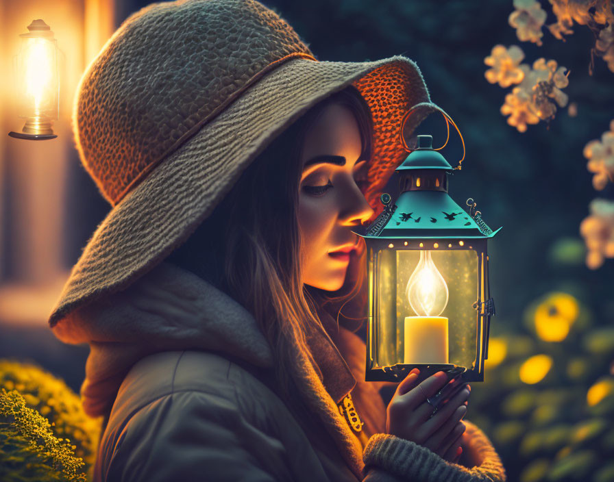 Woman in Wide-Brimmed Hat Contemplates Lantern in Twilight Landscape