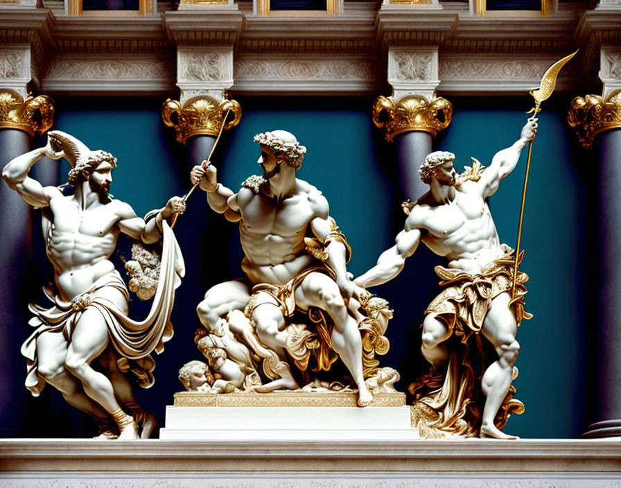 Classical statues with spear and torch on blue background