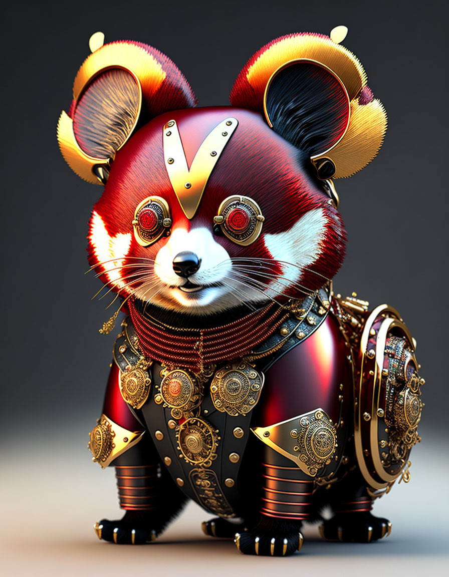 Stylized red panda digital art with steampunk theme