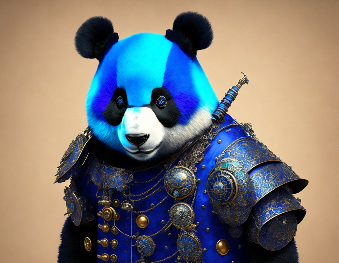 Digital artwork of panda bear in blue and gold armor on neutral backdrop