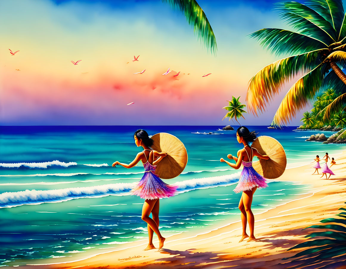 Two people with large round hats strolling on a tropical beach with palm trees and vibrant sky.