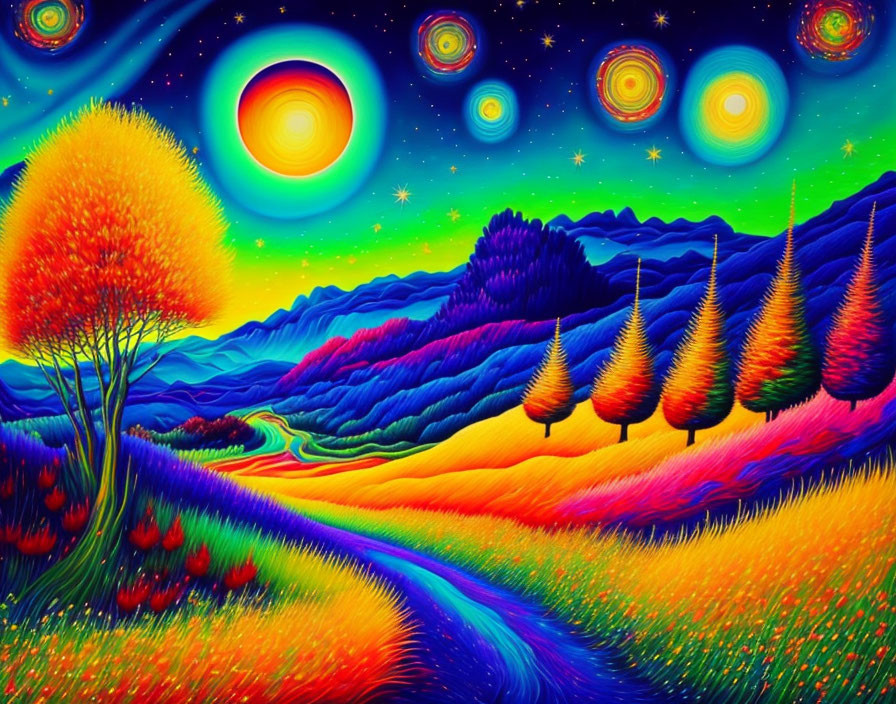 Colorful Psychedelic Landscape with Rolling Hills and Glowing Suns