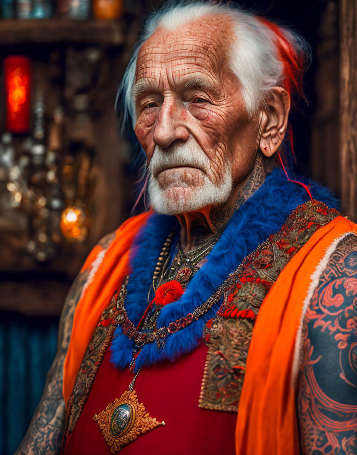 Elderly man with white mustache, tattoos, red and blue vest, and golden medall