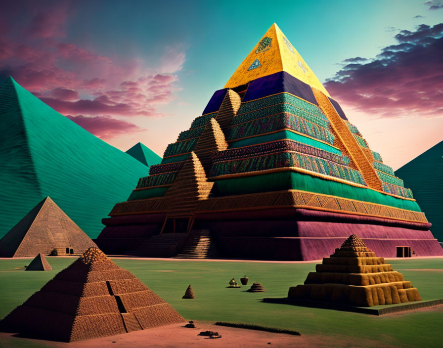 Colorful Egyptian Pyramids with Vibrant Patterns at Sunset