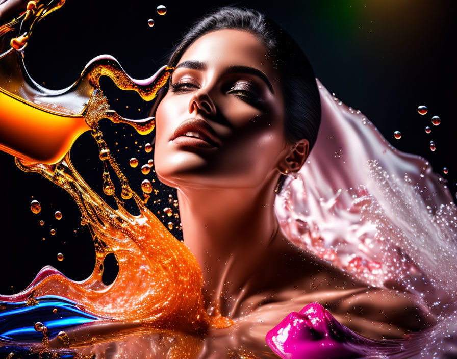 Vibrant liquid splashes around woman in stylized image