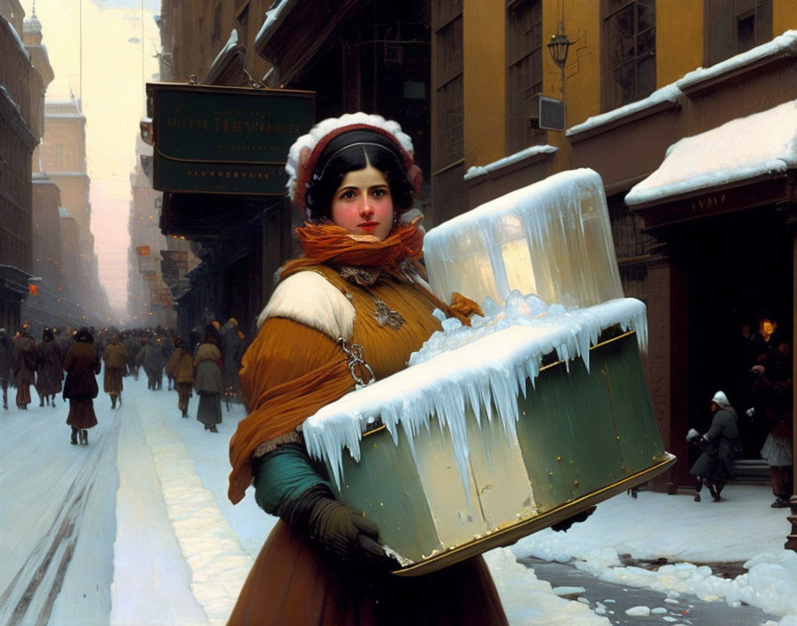 Historical woman with icicle tray in snowy street.