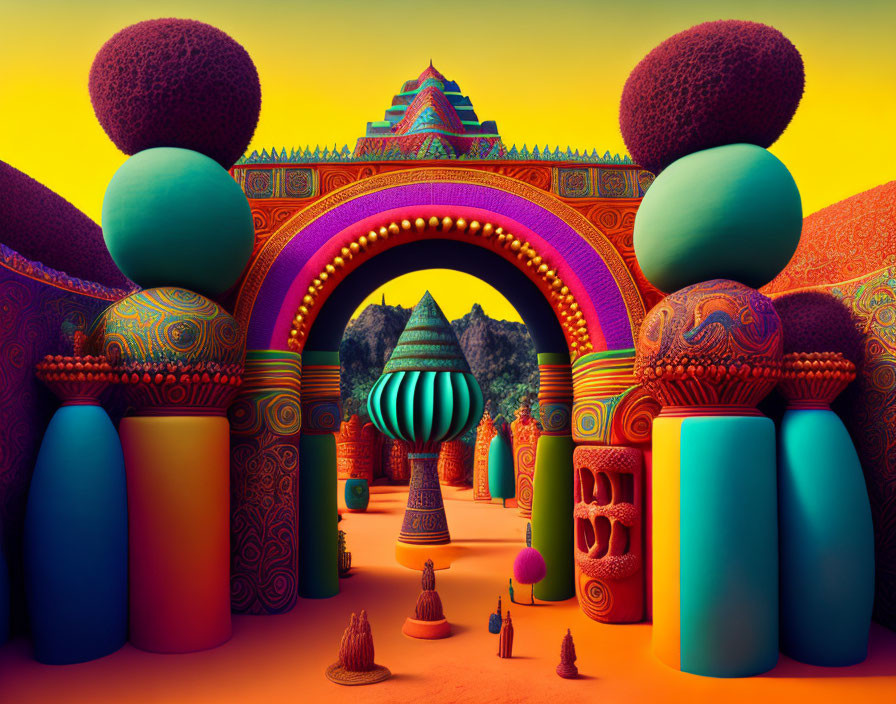 Vibrant fantasy landscape with archway, spheres, and vases against sunset sky