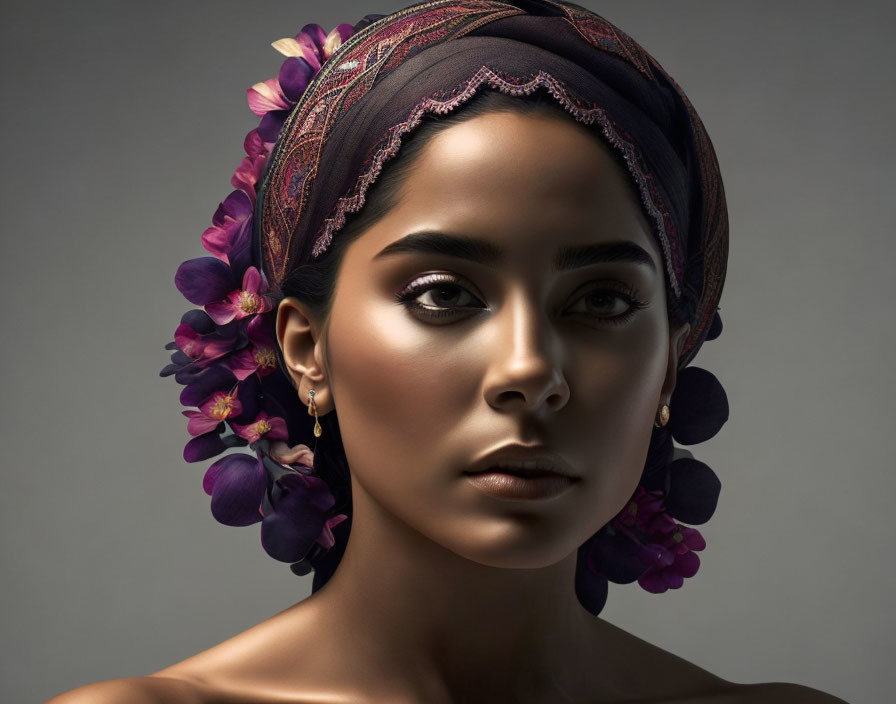 Portrait of Woman in Headscarf with Purple Flowers and Makeup