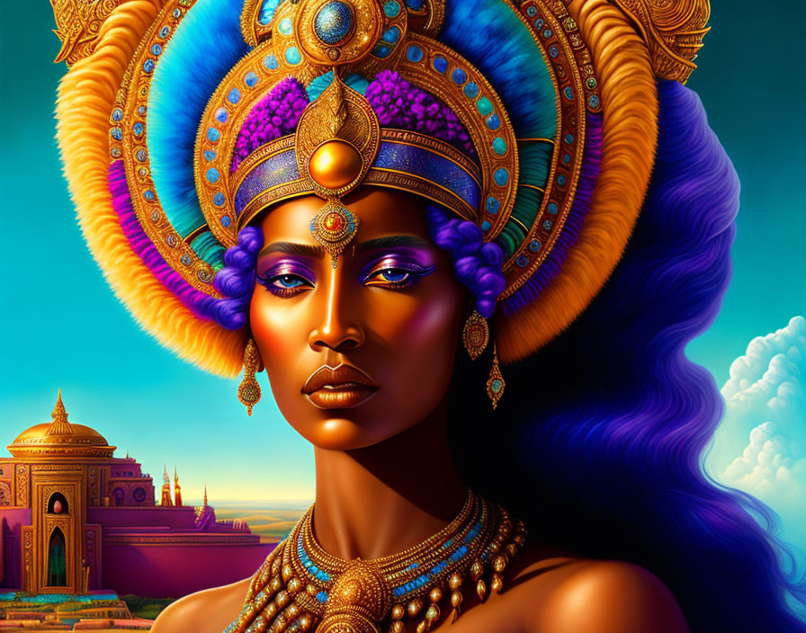 Regal woman with purple hair in gold-blue headpiece, ornate building background