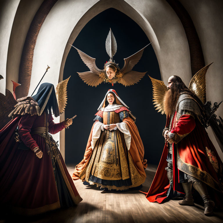 Four individuals in medieval costumes with angelic wings posing in archway.