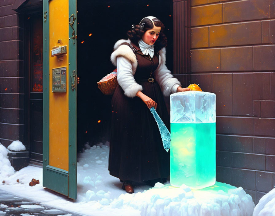 Vintage-Style Woman in Winter Attire Touching Glowing Blue Ice Block