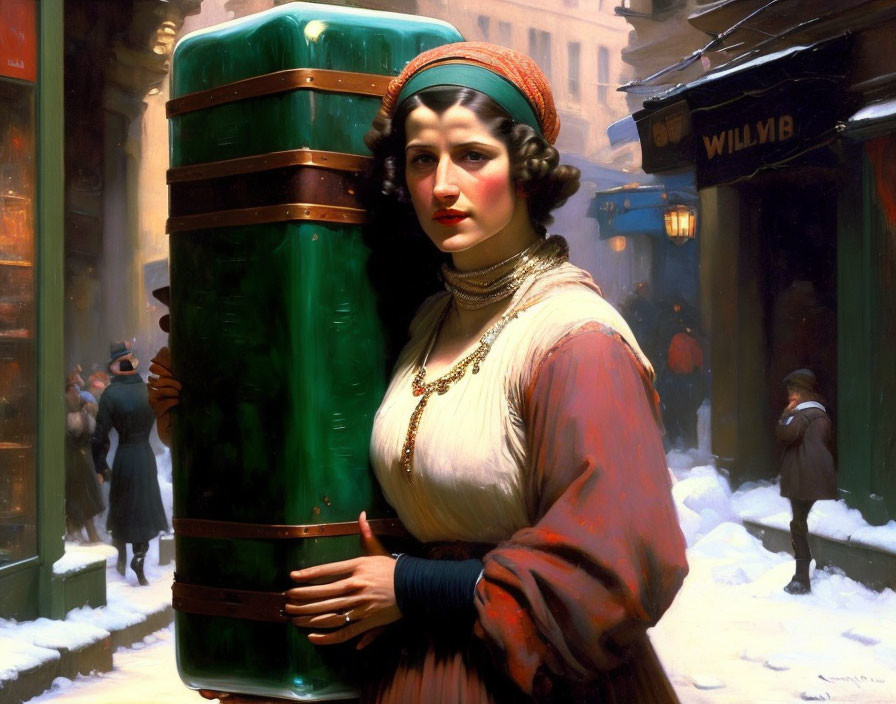 Historical woman next to green structure on snowy street
