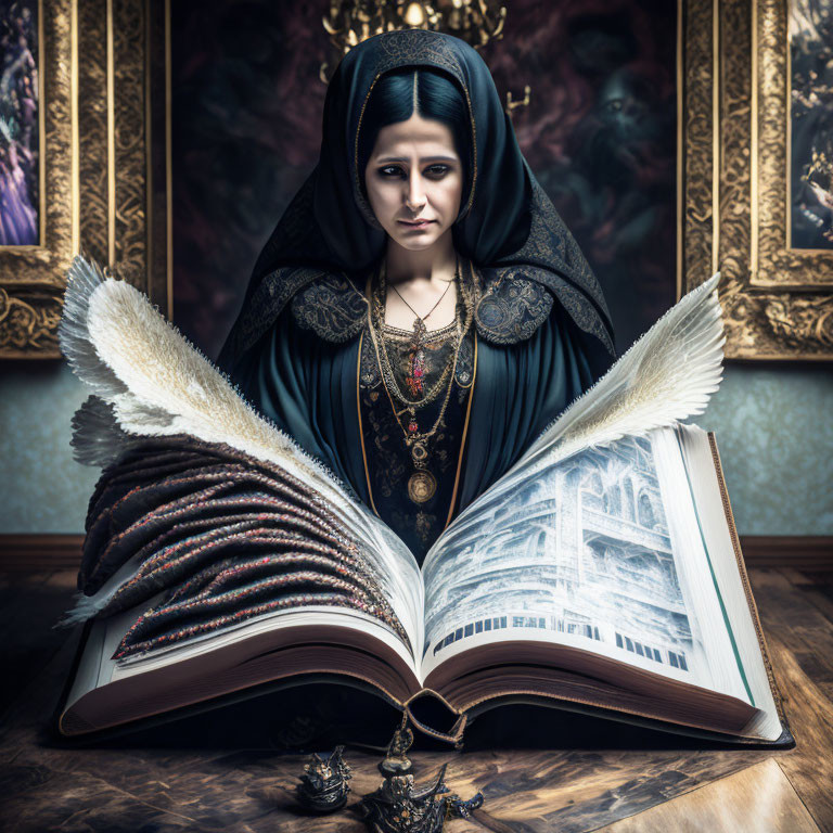 Woman in dark cloak with solemn expression behind large open book with magical illustrations on vintage table