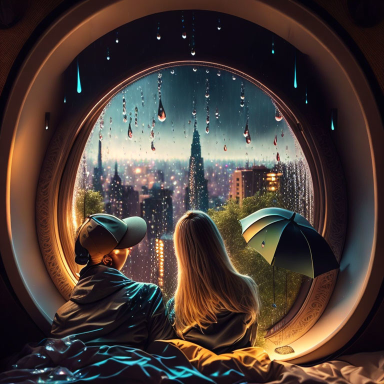 Two individuals by a city-view round window with rain, open umbrella, and cozy lighting.