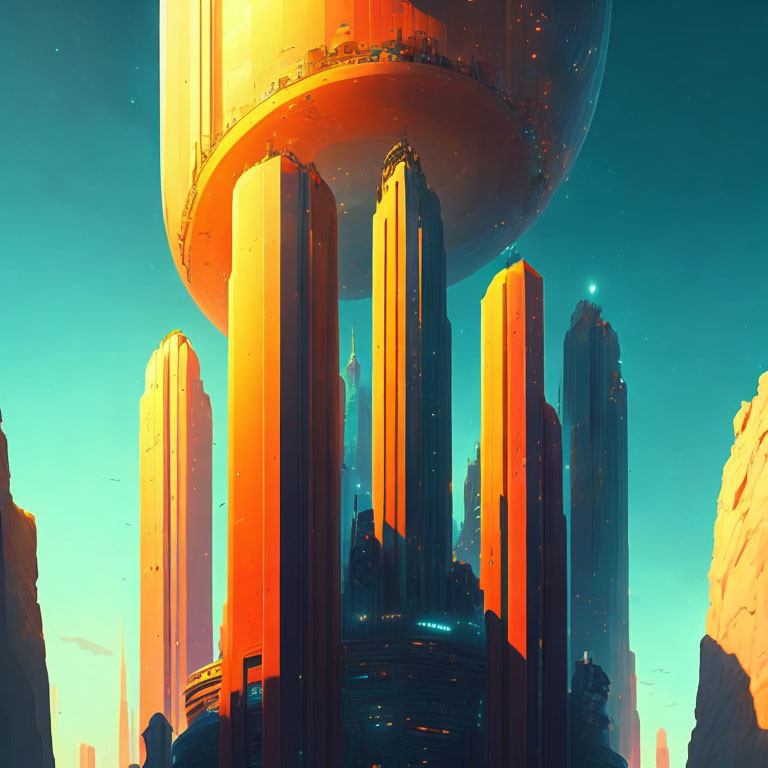 Futuristic cityscape with towering pillars and domed structure against orange and blue sky