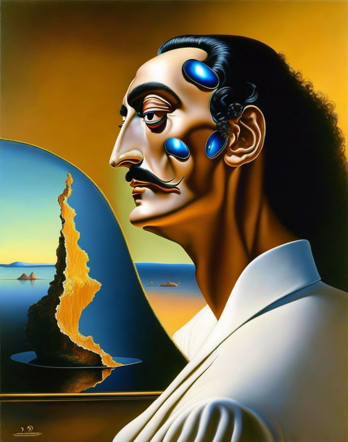 Surreal portrait: man with unique mustache, teardrop motifs, water landscape silhouette