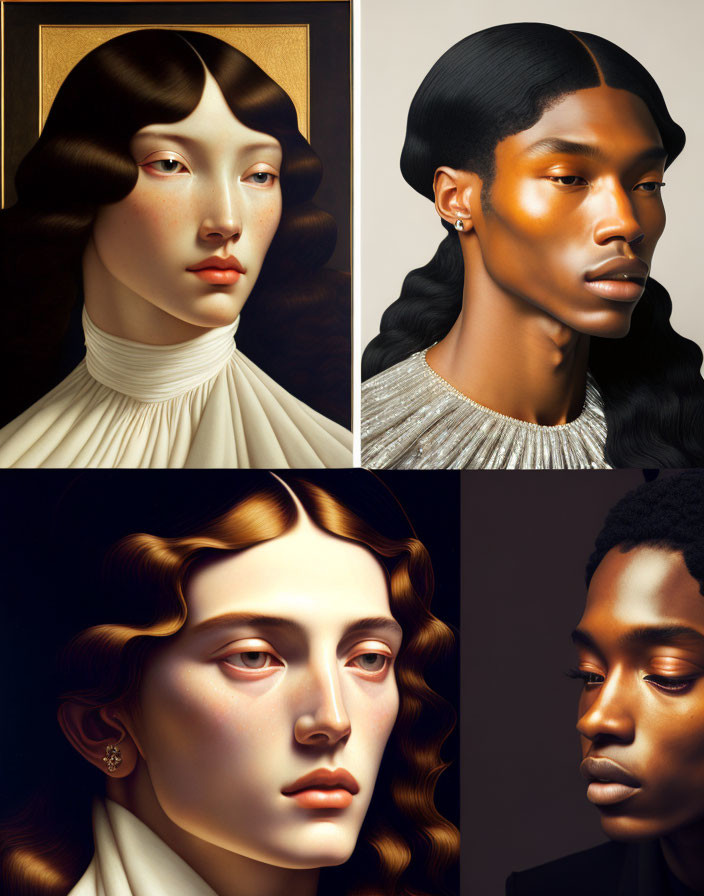 Four individual portraits: two women with light skin and two men with dark skin, in a modern classical