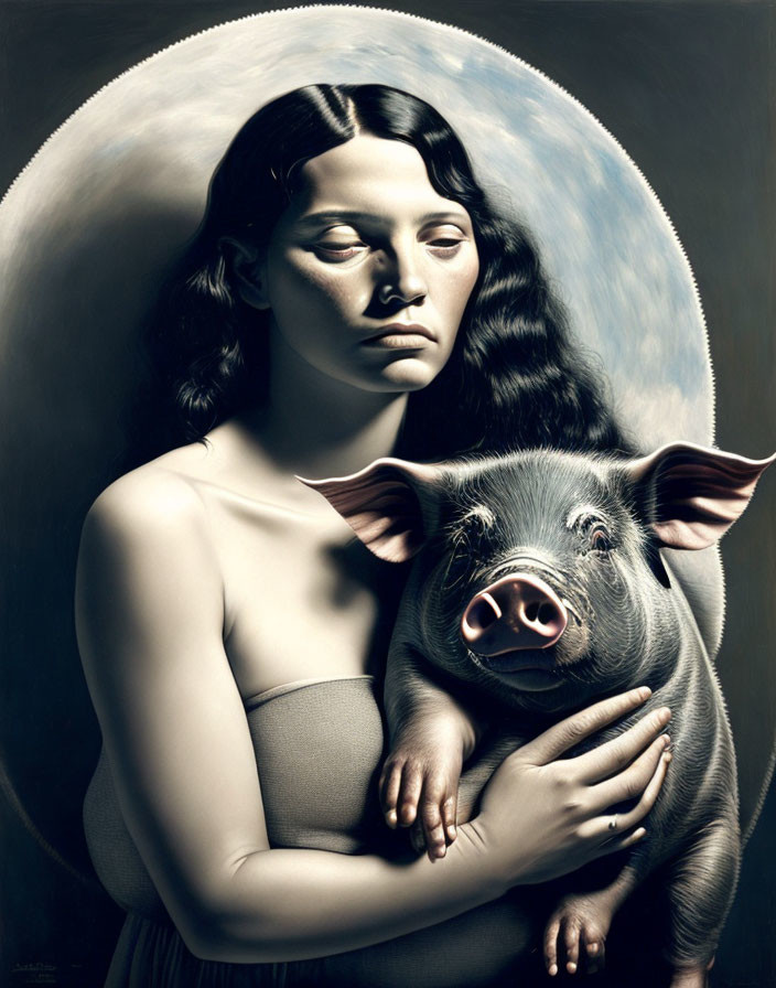 Solemn woman holding pig with luminous halo on dark backdrop