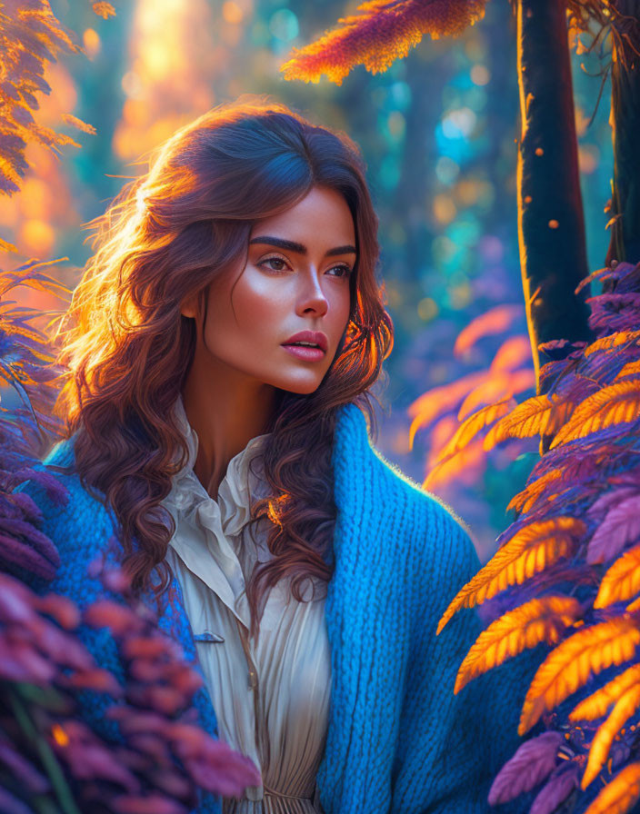 Woman with flowing hair in blue shawl among autumn ferns in golden light