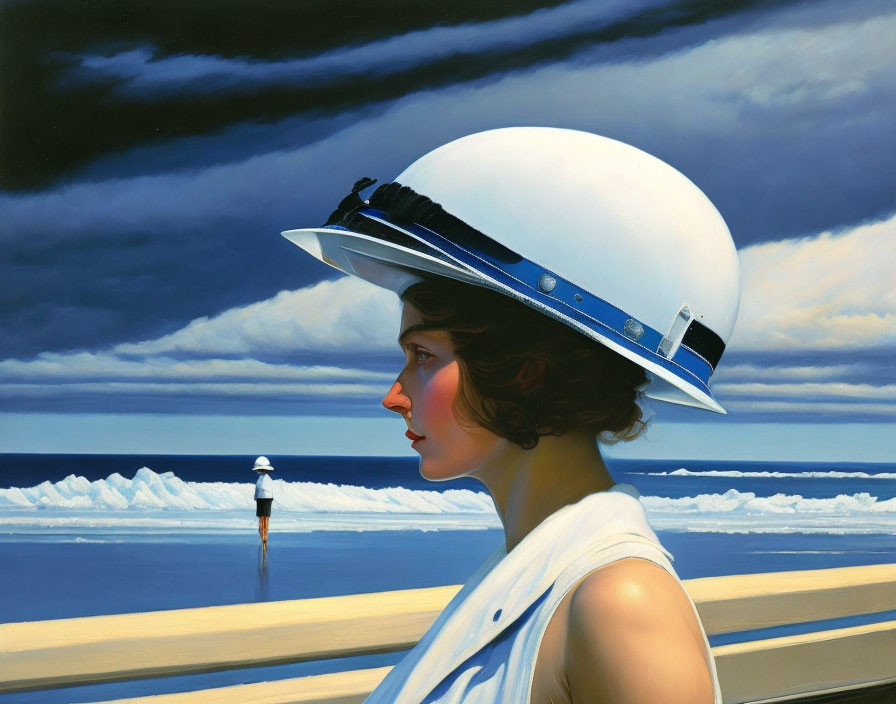 Woman in white hat and dress gazes at sea with distant figure and icebergs under dramatic sky