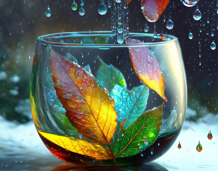 Transparent glass bowl with water, colorful autumn leaves, and splashing droplets