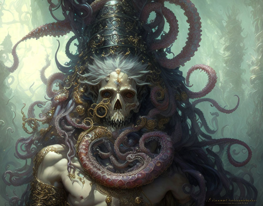 Mythical figure with skull face and tentacle hair in underwater scene