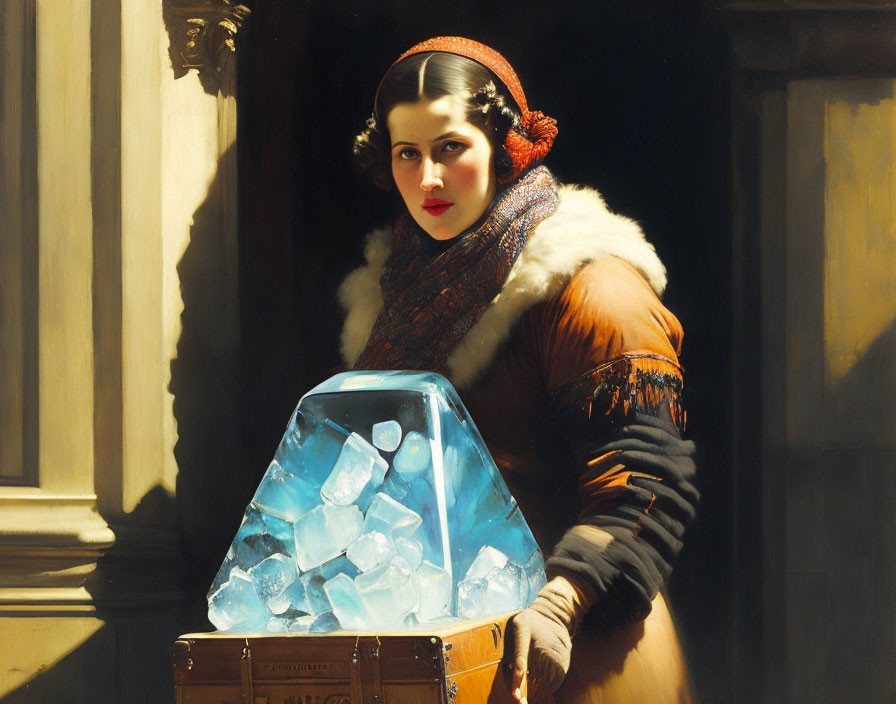 Vintage-attired woman by glowing blue crystal-filled container in mysterious scene