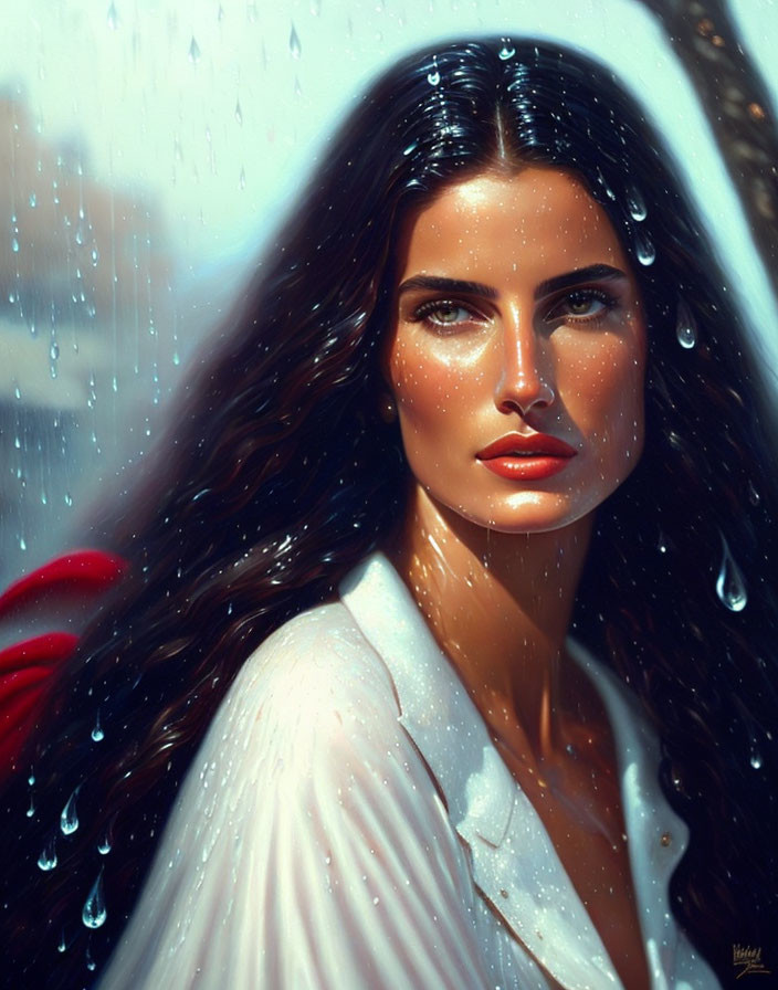 Digital painting of woman with dark hair gazing through rain-speckled window
