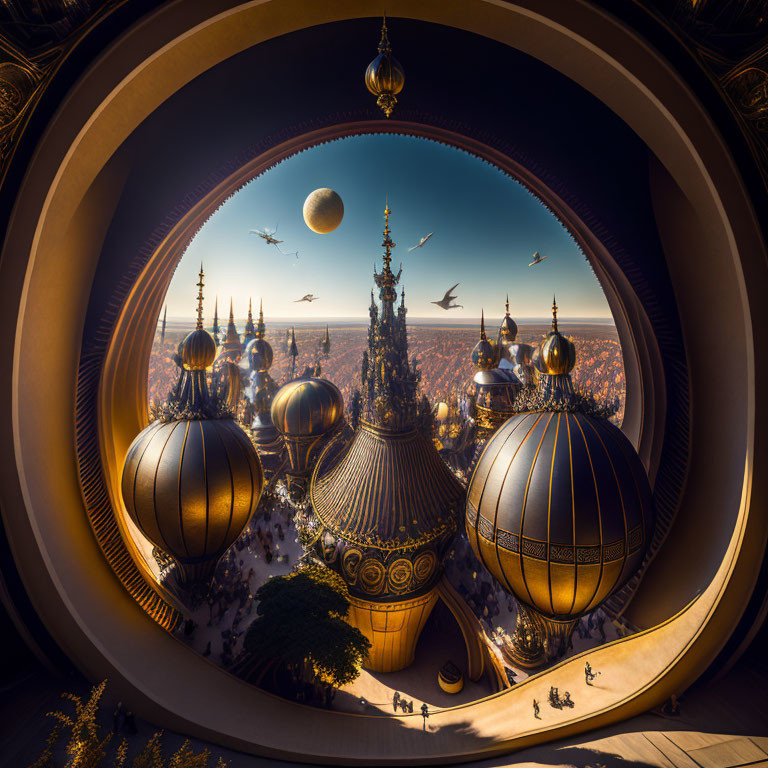 Surreal cityscape with domes, airships, and celestial body in circular portal