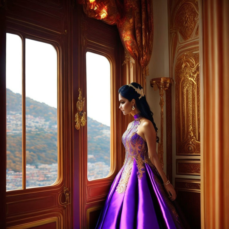 Woman in Elegant Purple Dress and Tiara Gazing out of Grand Window