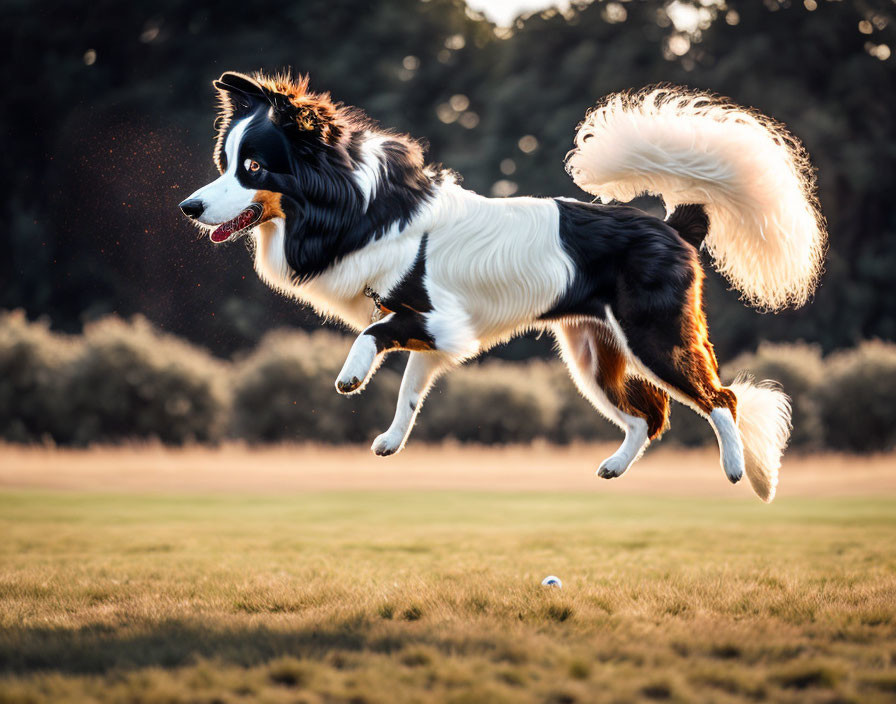 Border Collie Jumping to Catch Ball in Sunlit Scene