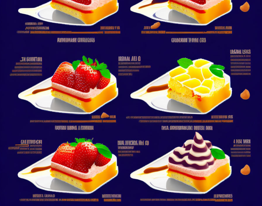 Varieties of Cheesecake with Toppings & Sauces on Dark Blue Background
