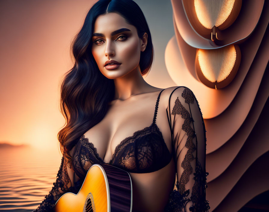 Dark-haired woman in lacy garment with guitar against abstract sunset backdrop.