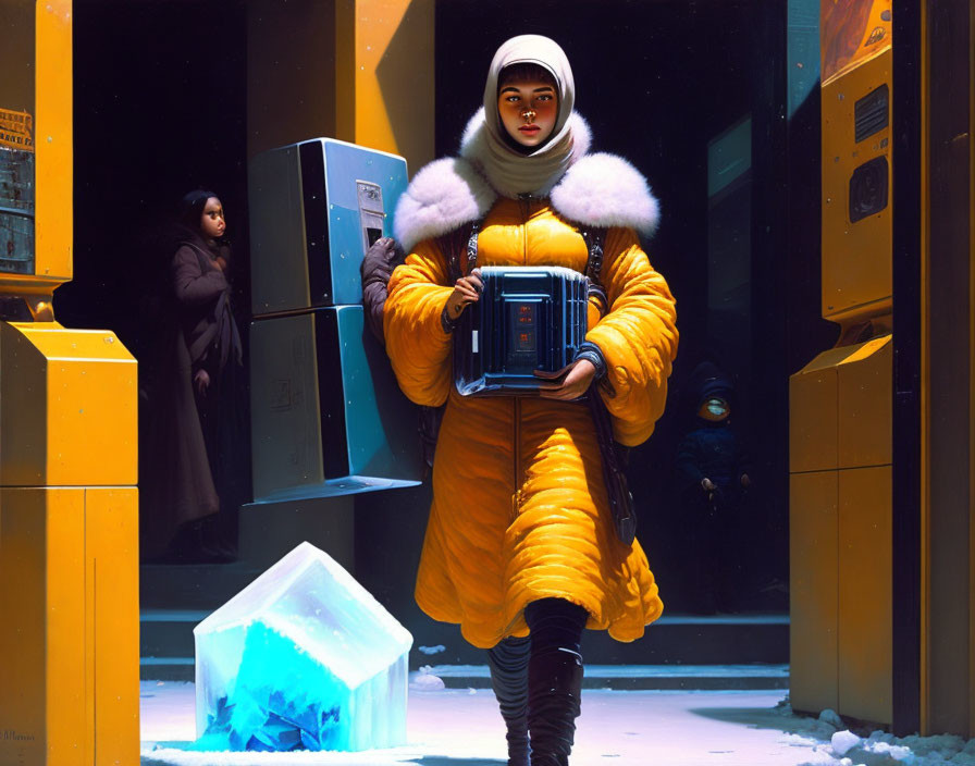 Futuristic person in yellow coat with tech device by blue lockers