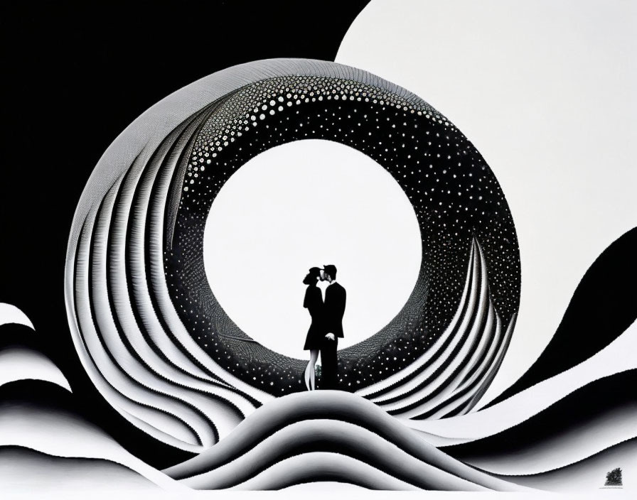 Monochrome Abstract Artwork: Couple Embracing in Surreal Celestial Landscape