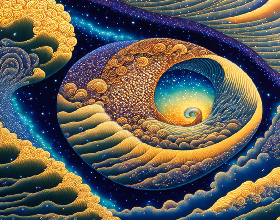 Vibrant cosmic artwork: ocean waves and celestial bodies in Van Gogh style