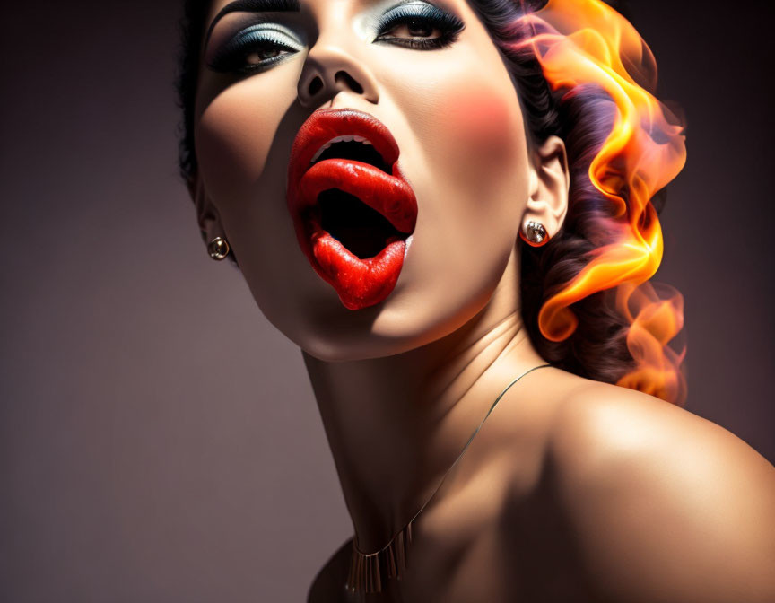 Woman with red lipstick in surprised expression and fiery hair effect.