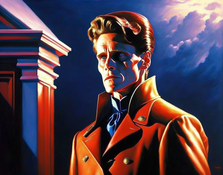 Stylized painting of man in red military jacket by column at dusk