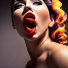 Woman with red lipstick in surprised expression and fiery hair effect.