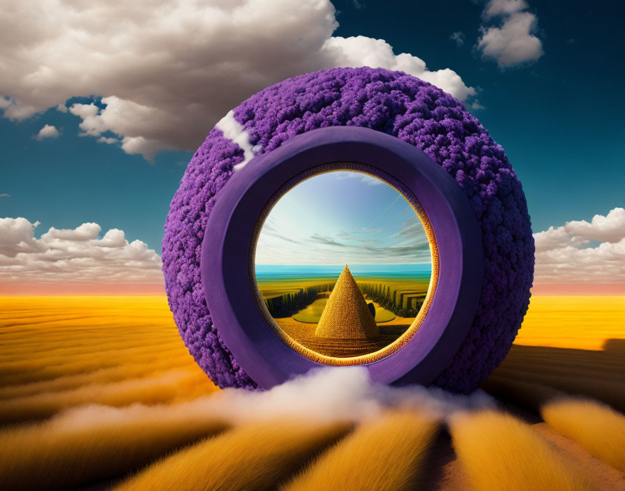 Surreal landscape with purple ring, pyramid, and coastal backdrop