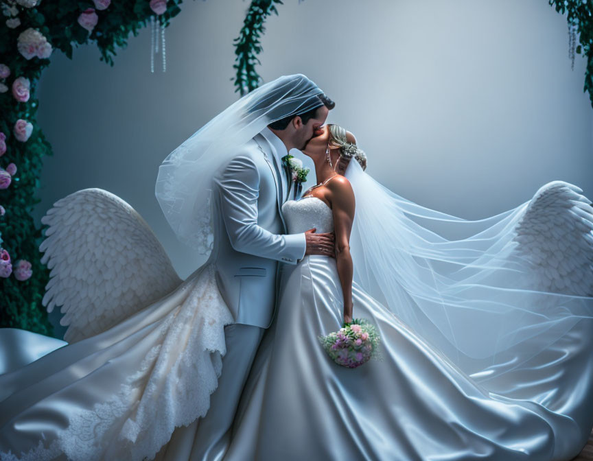 Bride and groom with wings kissing under floral archway