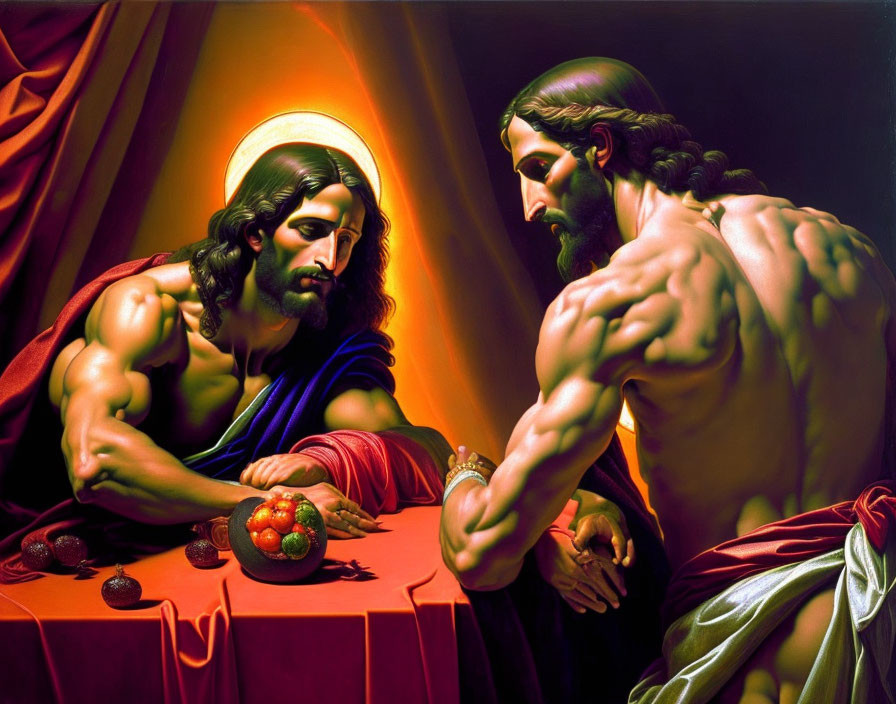 Muscular, bearded figures with halos in dramatic lighting at a table with fruit and draped fabric